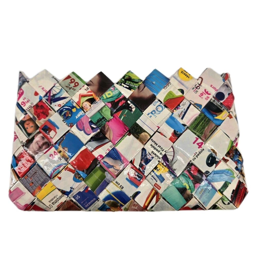 Y2K Handmade Recycled Woven Magazine Clutch Zippered Makeup Bag